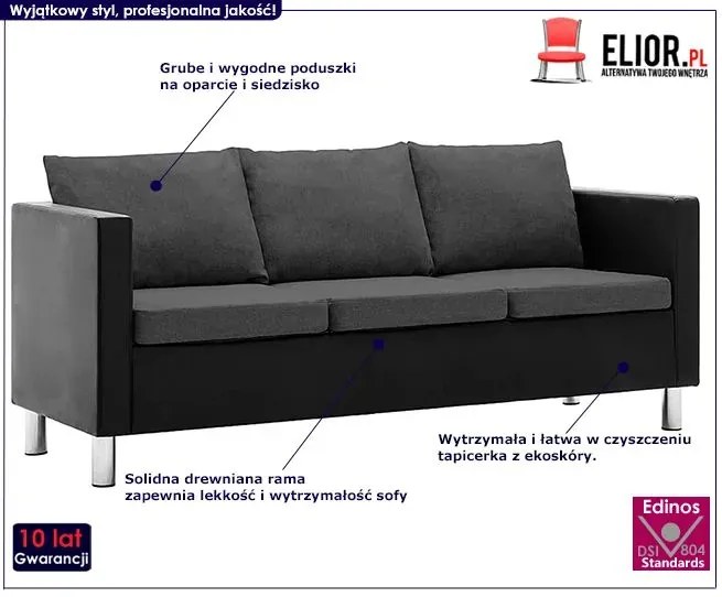 Atrakcyjna 3-osobowa sofa Karlo 3Q - czarno-ciemnoszara