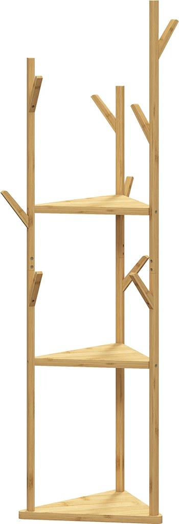 HOMCOM Wieszak na Ubrania z Bambusa, 8 Haków, 3 Półki, Naturalny