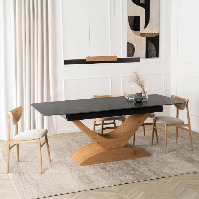 Stół Rozkładany Prostokątny ALICANTE 160-200 cm Ceramiczny Czarny/Dąb do Jadalni Nowoczesny