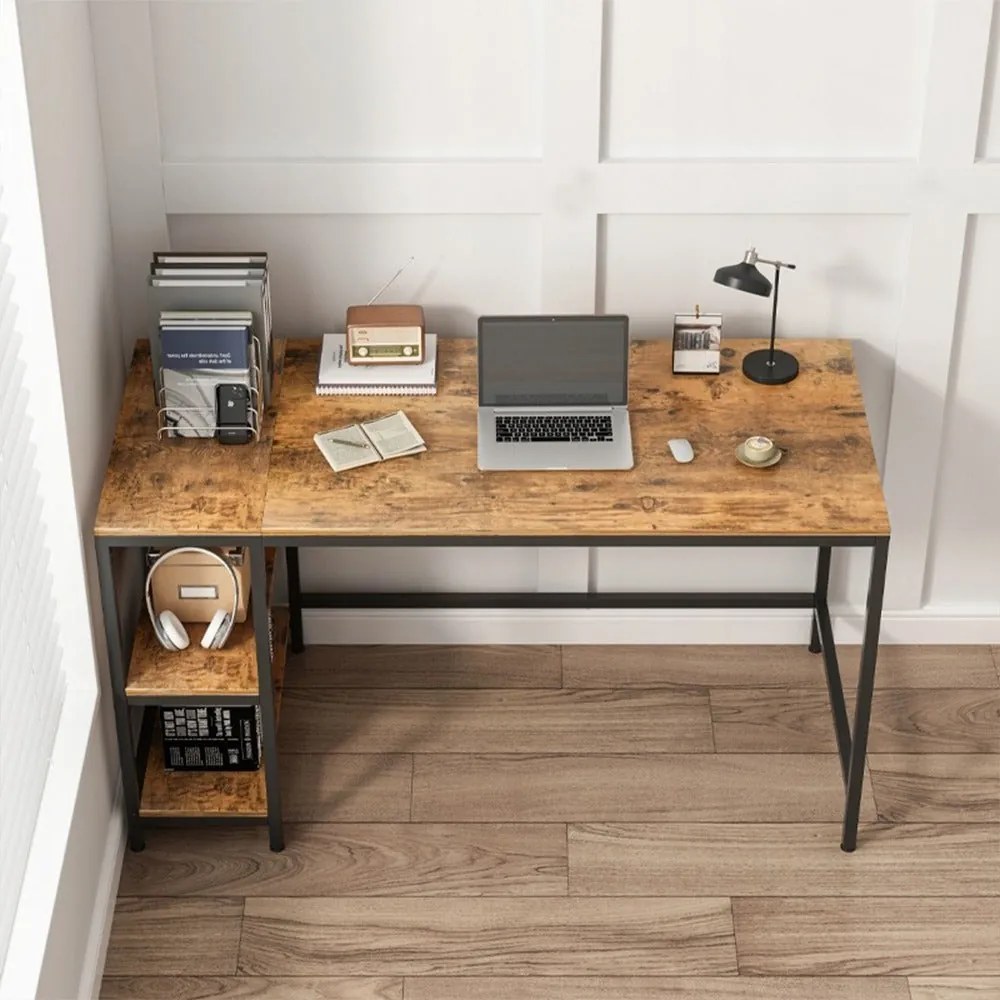 Biurko z 2 półkami, brązowe rustykalne, 120x50x105 cm – styl loftowy, MDF, idealne na drukarkę lub