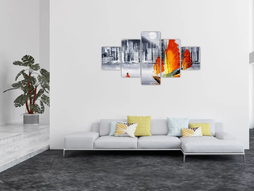 Obraz - Victoria Harbor, Hongkong, czarno-biały obraz olejny (125x70 cm)