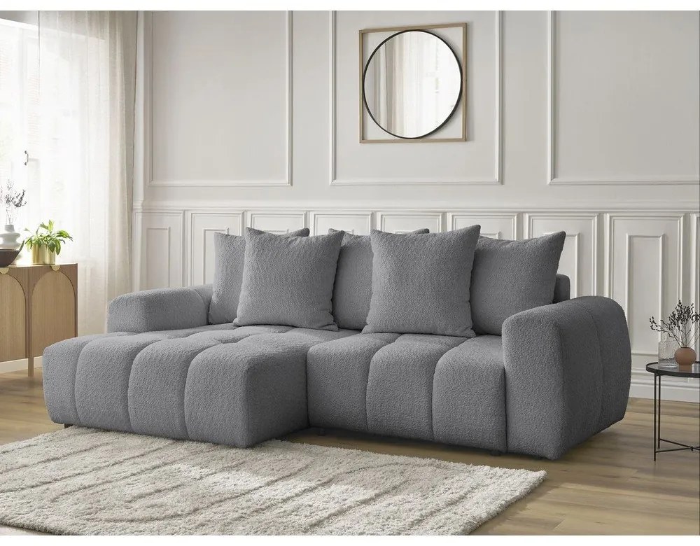 Szary rozkładany narożnik z materiału bouclé ze schowkiem (lewostronny/z szezlongiem) Roxelane – Bobochic Paris