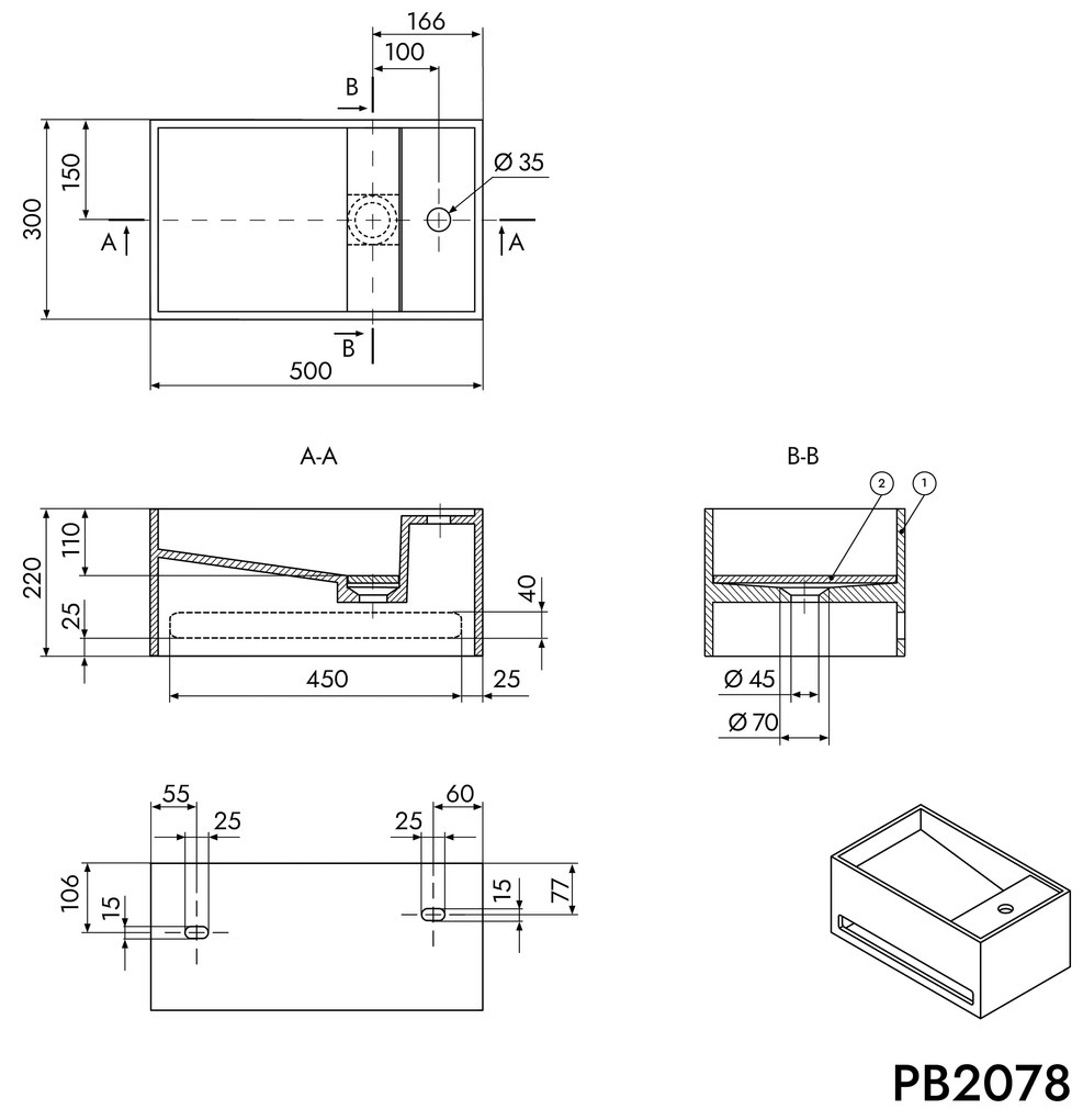 Umywalka ścienna PB2078Biały mat - Odlew mineralny - 50 x 30 x 22 cm - Zintegrowany wieszak na ręczniki