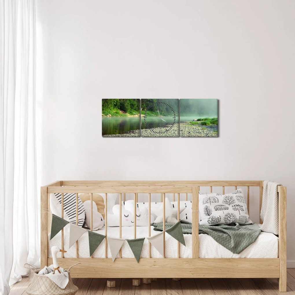 Obraz - rzeka przy lesie (z zegarem) (90x30 cm)