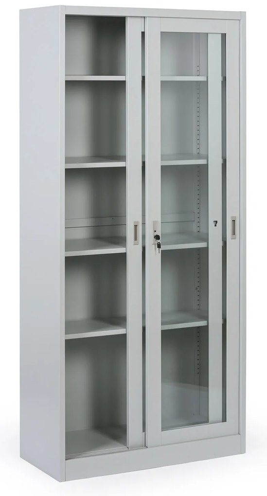 Metalowa szafka z półkami i szklanymi przesuwanymi drzwiami, zdemontowana, 900 x 1950 x 400 mm