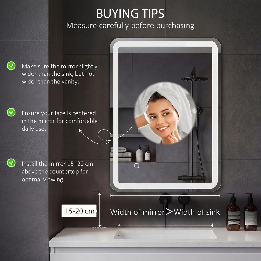 HOMCOM Lustro łazienkowe z oświetleniem LED, kontrola dotykowa, przeciwmgielne, z możliwością ściemniania, 3 kolory światła, 50x70, Srebrny