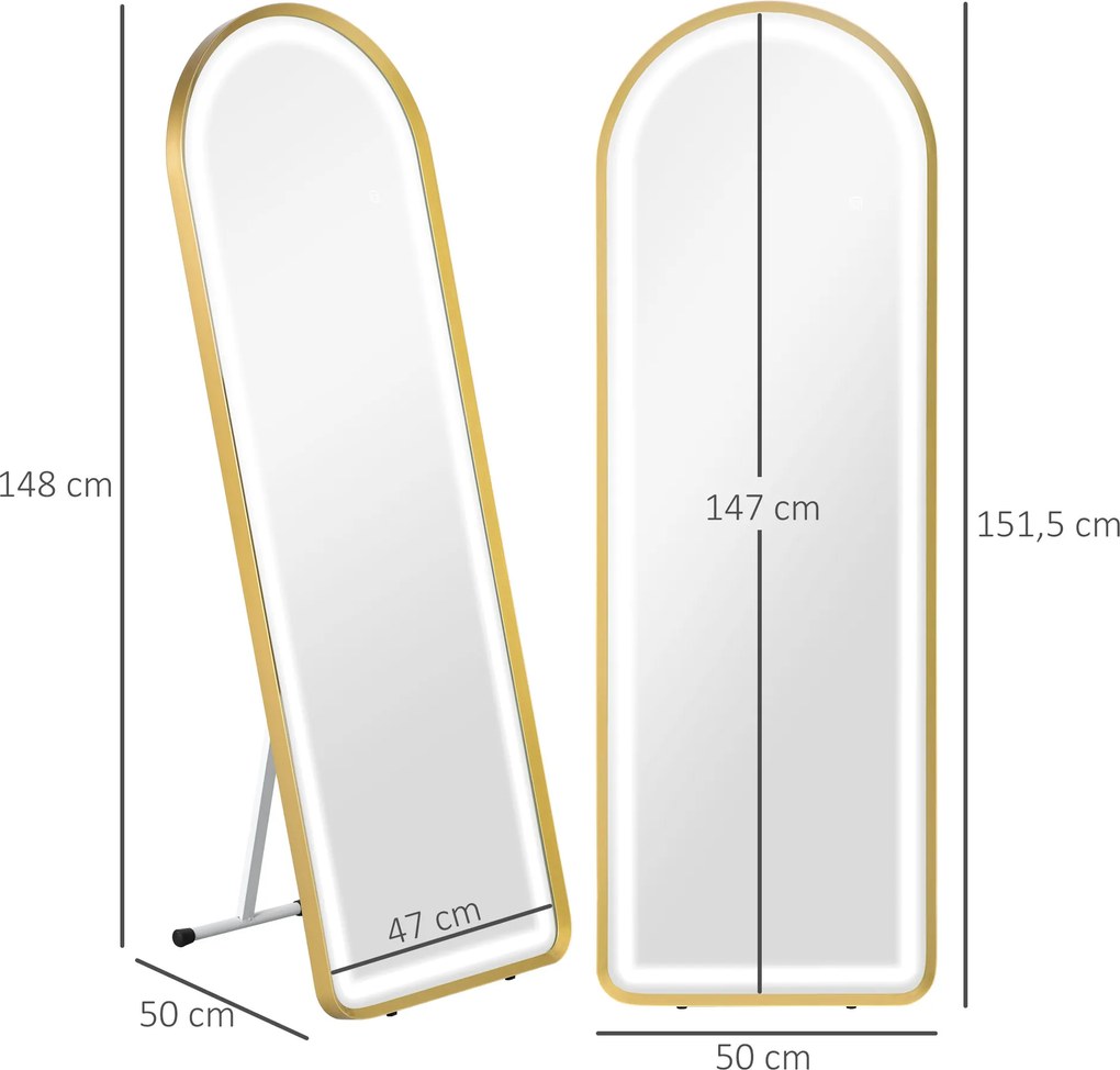 HOMCOM Lustrzane Lustro Pełnowymiarowe z Oświetleniem LED Złote Dotykowy Przełącznik do Salonu i Sypialni | Aosom PL