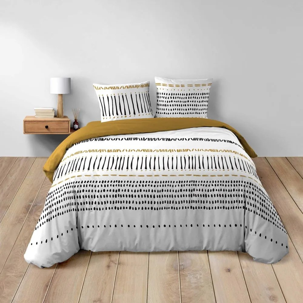 Musztardowo-biała bawełniana pościel dwuosobowa 240x220 cm Chicago – douceur d'intérieur