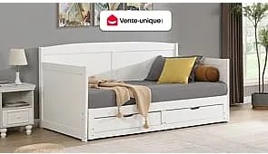 Łóżko wysuwane dzienne 90 x 190 lub 180 x 190 cm - Z rozsuwanym stelażem i szufladami - Drewno sosnowe i MDF - Biały - DINIVA