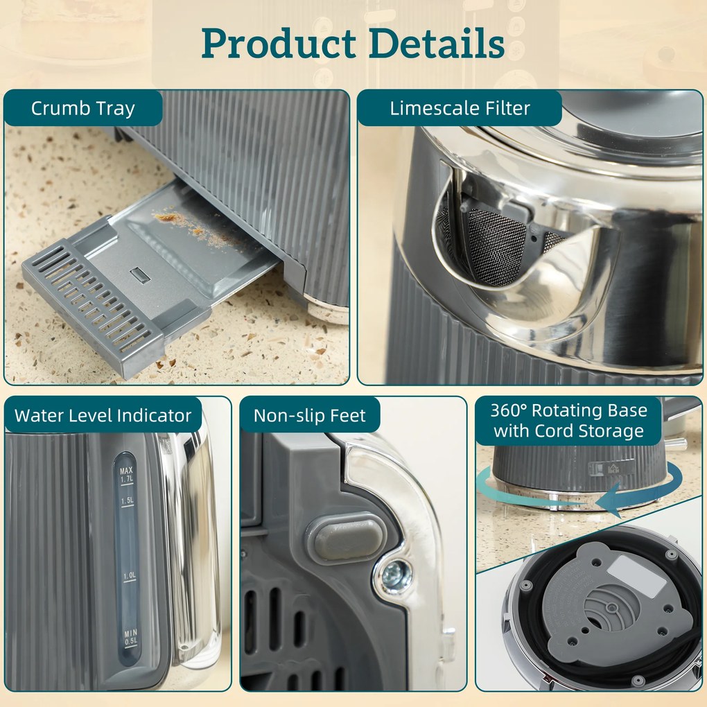 HOMCOM Czajnik 2200 W, 1,7 l z funkcją szybkiego gotowania, filtrem kamienia i tosterem na 4 kromki z 7 poziomami zarumienienia, szary | Aosom PL