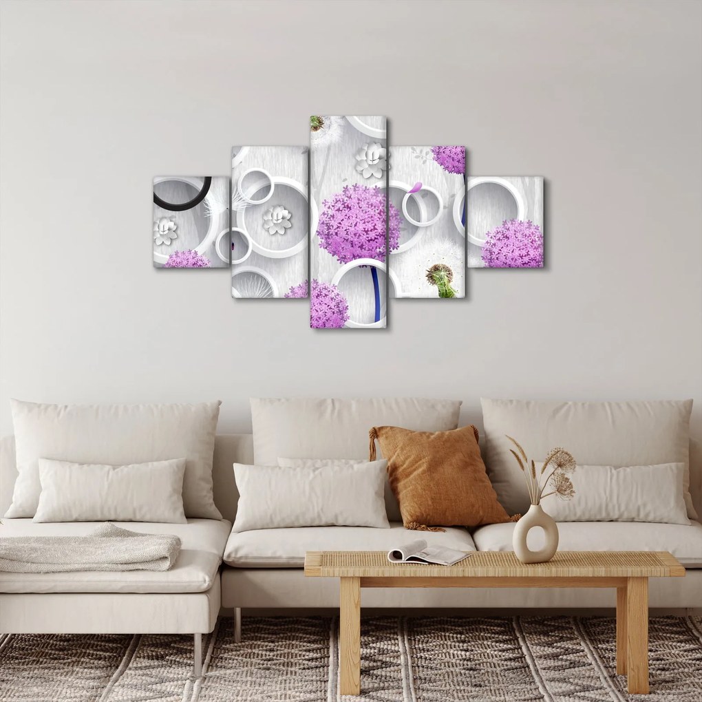Obraz abstrakcji 3D z kołami i kwiatami (125x70 cm)