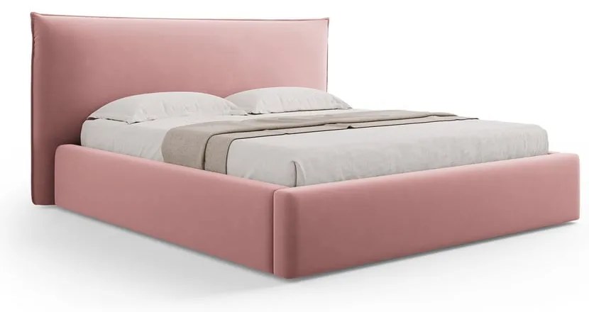 Różowe tapicerowane łóżko dwuosobowe ze schowkiem i stelażem 140x200 cm Elio – Milo Casa