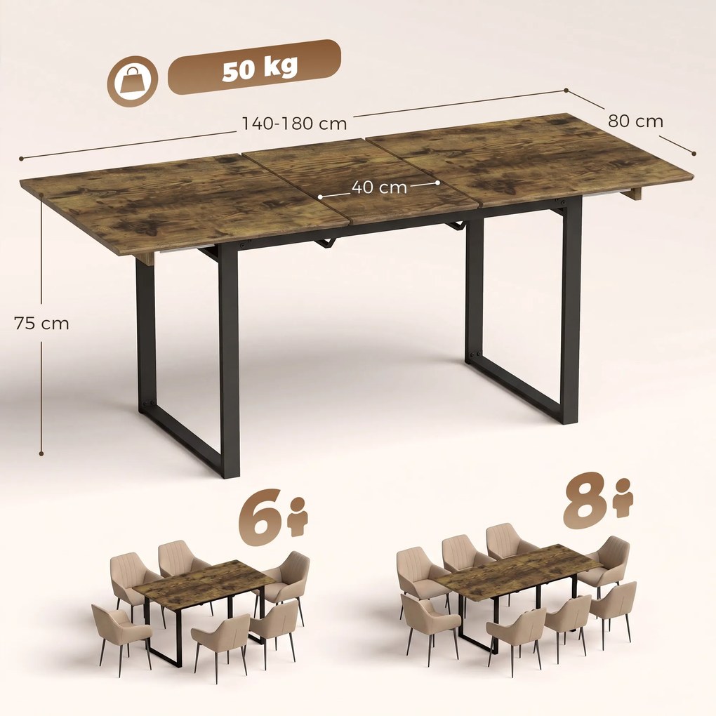HOMCOM Stół rozkładany 140-180 cm dla 6-8 osób, prostokątny w stylu industrialnym z metalowym stelażem, imitacja drewna tygrysiego | Aosom PL