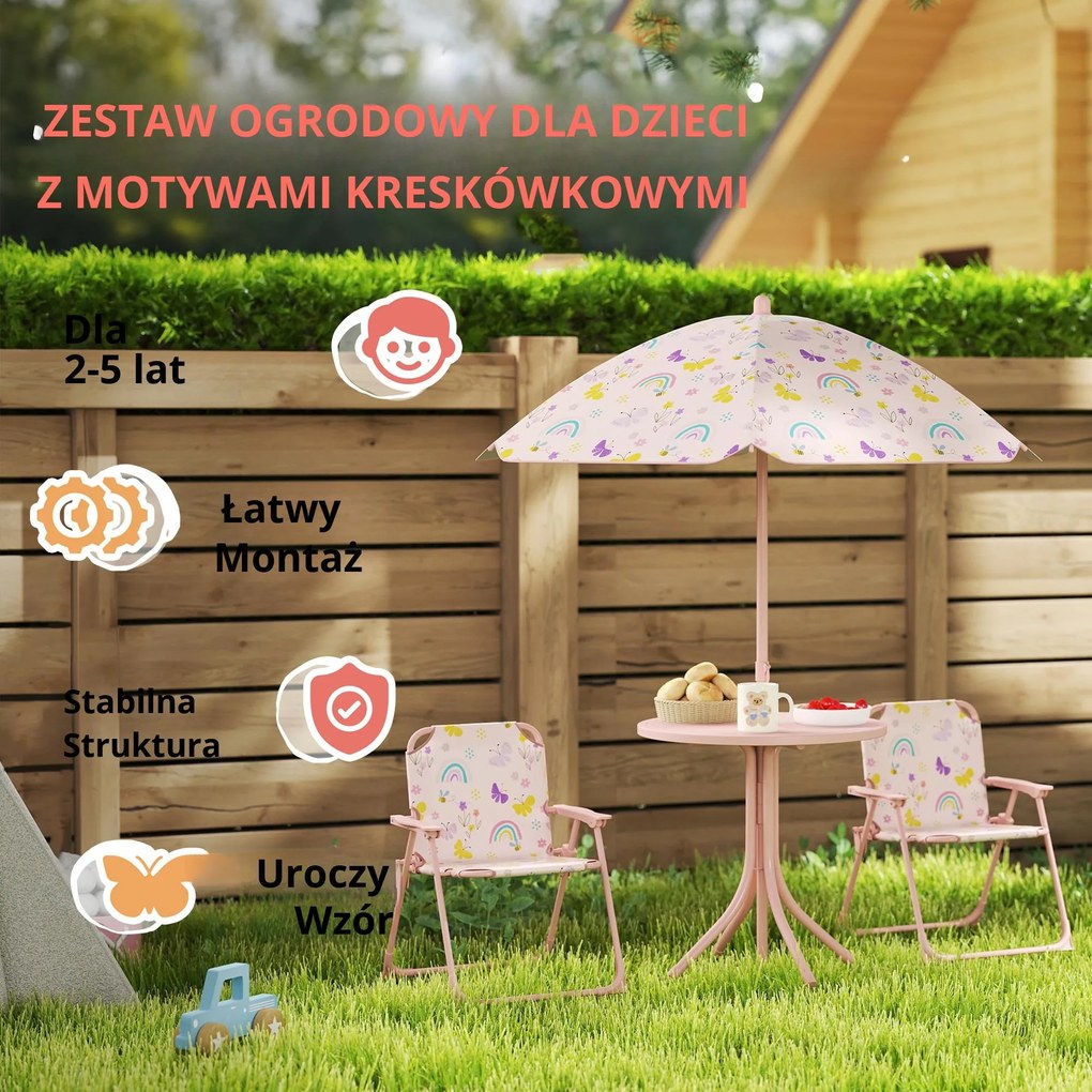 AIYAPLAY Zestaw Siedzisk dla Dzieci, Składane Krzesła z Parasolem, Wzór Tęczowy, Różowy