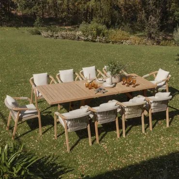 Zestaw Stołu Prostokątnego 200-260-320x100 Cm Rozkładanego Oraz 10 Krzeseł Ogrodowych Z Podłokietnikami Z Drewna Akacjowego Duba Tkaniny Gardenia Biel