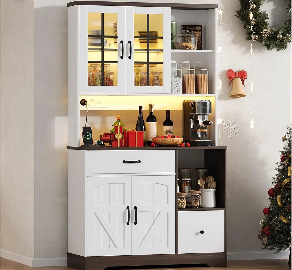 Nowoczesny kredens kuchenny 105x40x180cm - z oświetleniem LED i gniazdkiem - z regulowaną półką - szuflady i przegródka do przechowywania - Biały