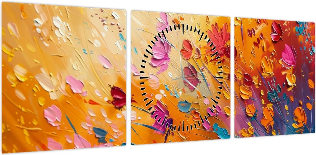 Obraz - Malowanie kolorowych kwiatów (z zegarem) (90x30 cm)