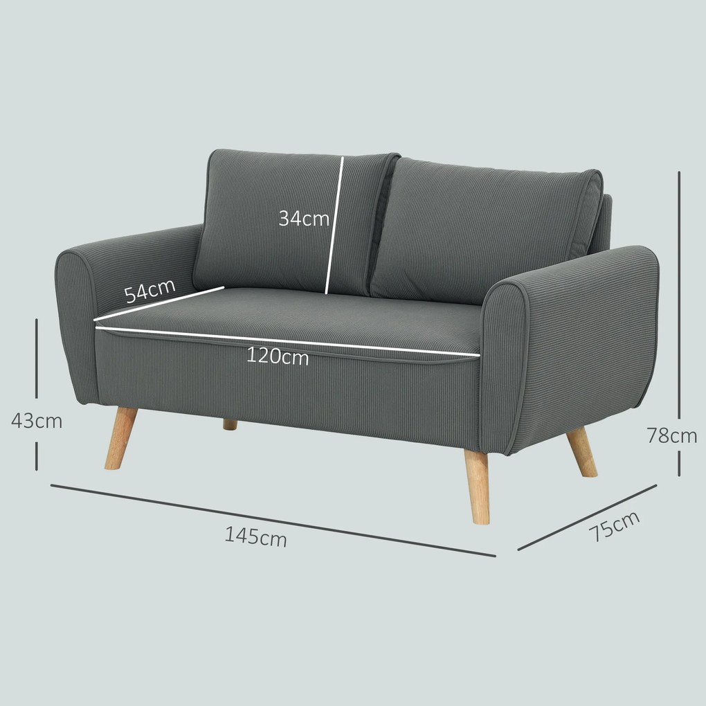 HOMCOM Dwumiejscowa Sofa, Kanapa z Tkaniny, 2 Poduszki Tylnie, Pokrycie z Sztruksu, 145 x 75 x 78 cm, Antracyt