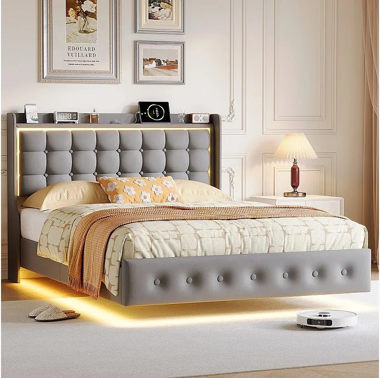 Rama łóżka podwójnego 140x200 cm szary aksamit z oświetleniem LED i portem USB, nowoczesny unoszący się design bez schowków