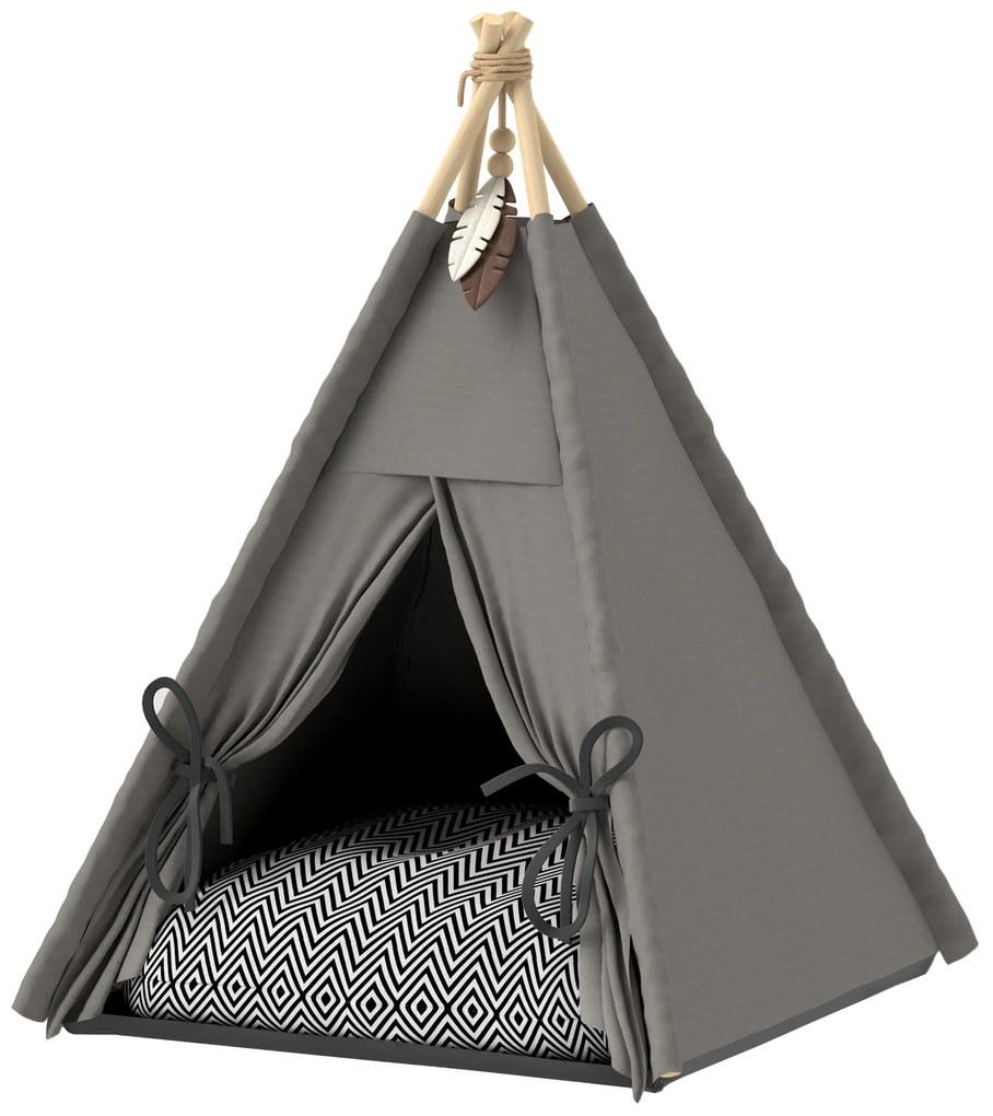 PawHut Tipi Namiot dla zwierząt, łóżko w formie namiotu tipi dla kota, namiot dla kota z poduszką, łóżko dla psa do spania, łóżko dla kota, szary