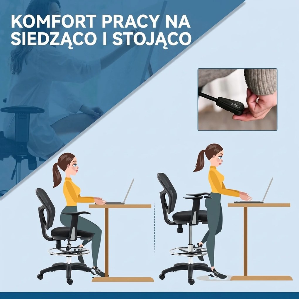 Vinsetto Krzesło do Rysowania Ergonomiczne Obrotowe Regulacja Wysokości Czarne | Aosom PL
