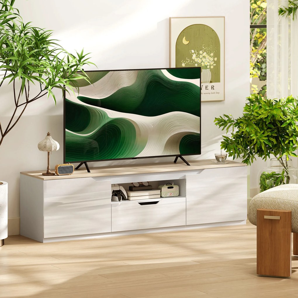 HOMCOM Lowboard TV, wysoki połysk, dla telewizorów do 165 cm, 3 schowki, szuflada, 160 x 38 x 43 cm, naturalne drewno | Aosom PL
