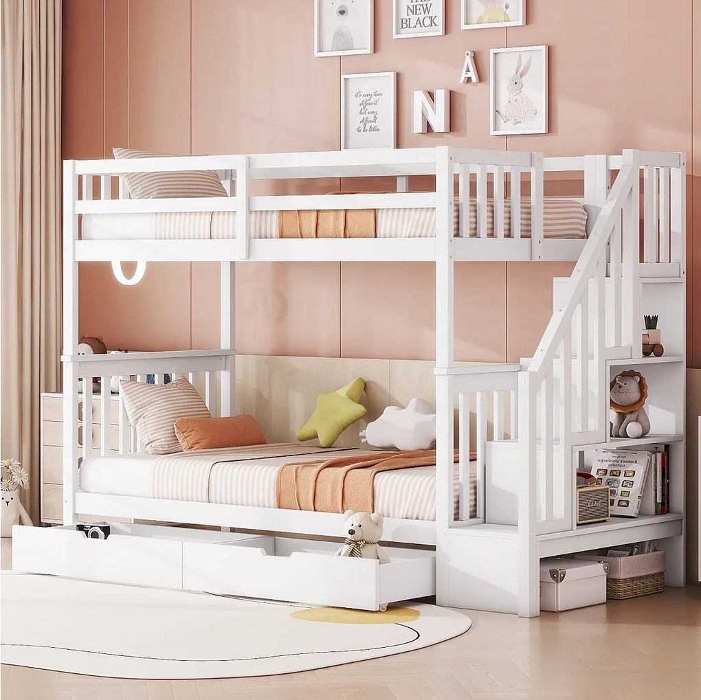 Łóżka piętrowe dla dzieci 2 x 90 x 200 cm - półka schodowa + 2 szuflady - drewno MDF - białe