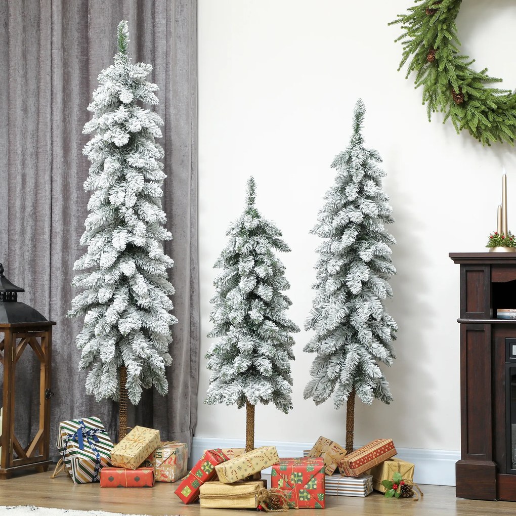 HOMCOM 3‑cz. zestaw śnieżnych sztucznych choinek 90/120/150 cm — metalowe podstawy, ognioodporne