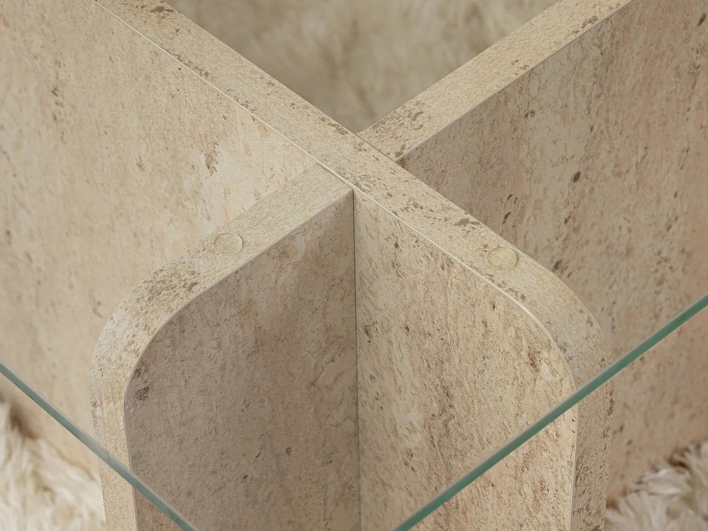 Stolik kawowy ze szkła hartowanego - Efekt beżowego trawertynu i Przezroczysty - AZRA