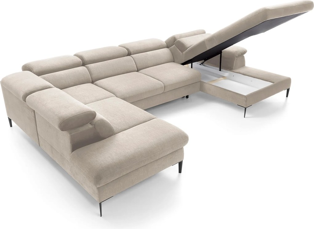 Masseno Narożnik MESTO z funkcją spania i pojemnikiem na pościel Narozniki U, Rozkładana sofa - Kremowy, VOGUE 01