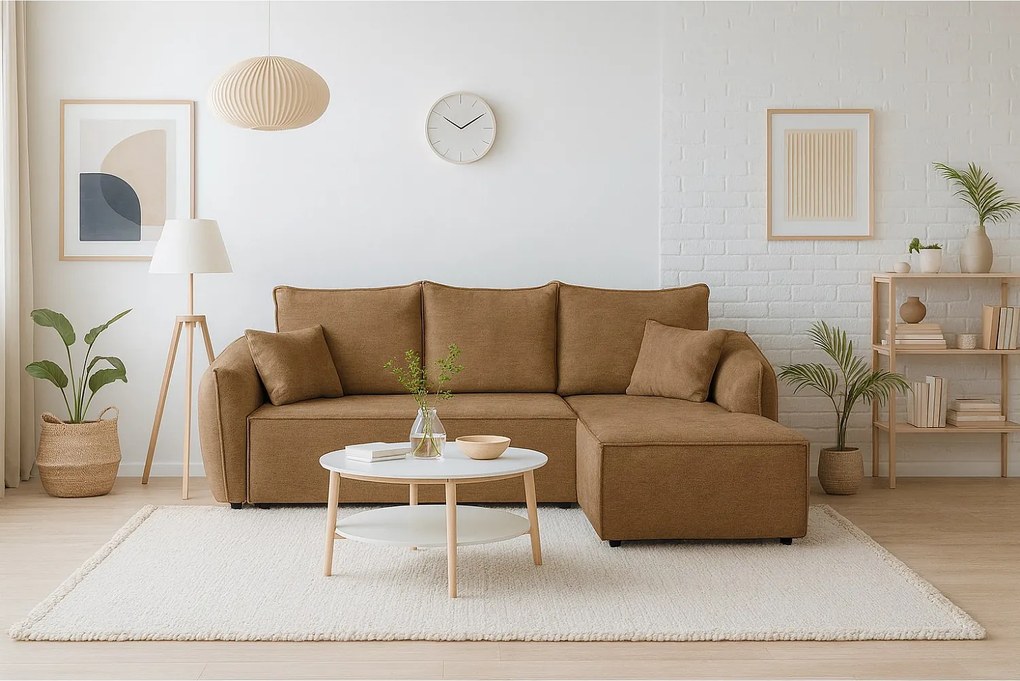Nowoczesny narożnik prawostronny SELLMA w tkaninie RAVEN 34 karmelowej