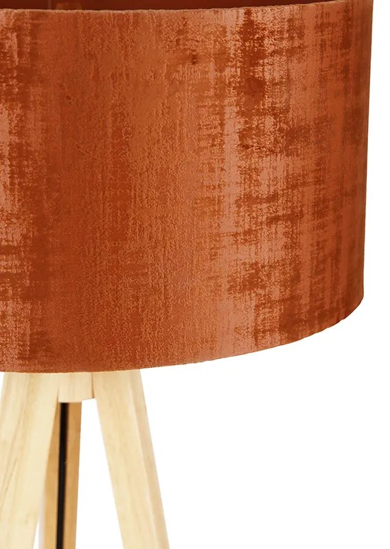 Lampa podłogowa drewniana z pomarańczowym abażurem z tkaniny 50 cm - Tripod Classic Rustykalny / Vintage Oswietlenie wewnetrzne
