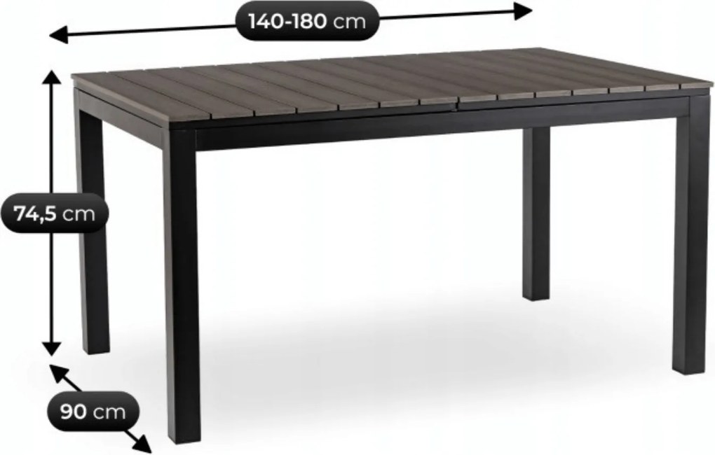Rozkładany stół ogrodowy, kompozytowy Castello 140-180 cm, blat ciemnoszary dąb, podstawa czarna