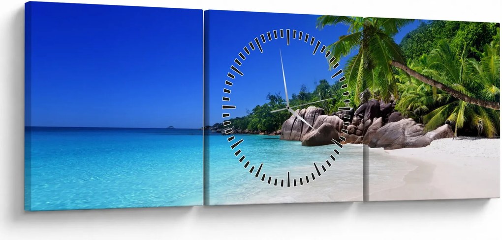 Obraz plaży na wyspie Praslin (z zegarem) (90x30 cm)