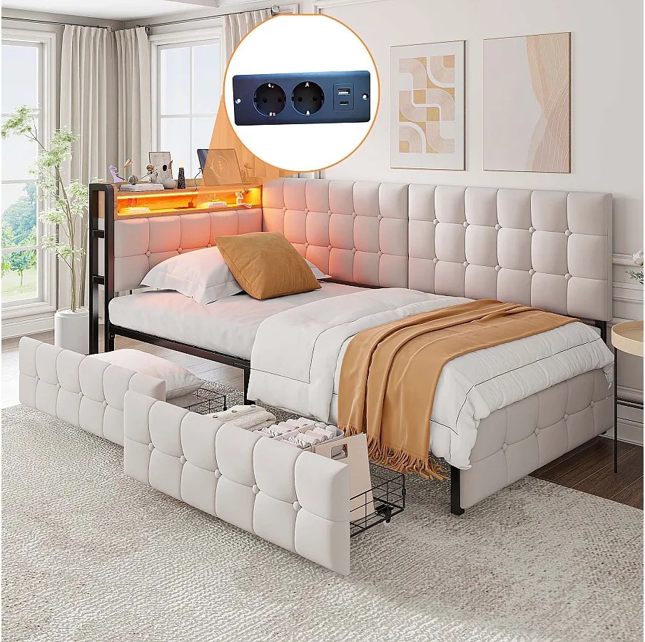 Sofa dziecięca z funkcją spania - 90 x 200 cm - z 2 szufladami + diodami LED + USB + typu C - aksamit + metal + sklejka + MDF - beż