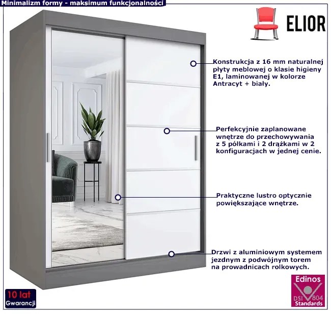 Dwudrzwiowa szafa przesuwna antracyt + biały 150 cm - Ebia 4X