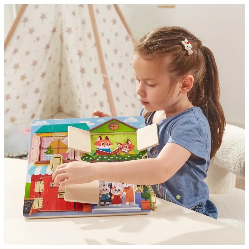 Viga drewniana tablica manipulacyjna otwieranie zamków i zatrzasków domek montessori