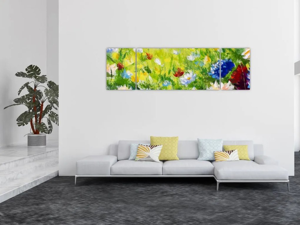 Obraz kwitnącej łąki, obraz olejny (170x50 cm)