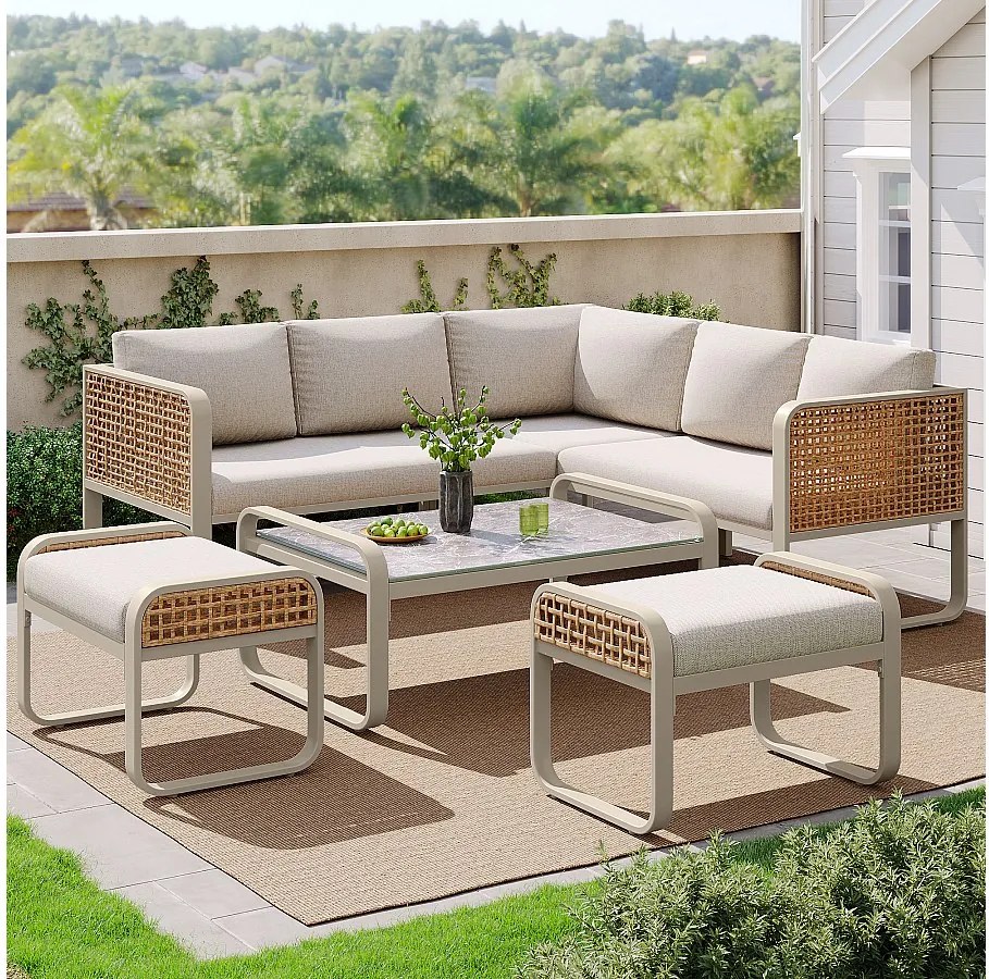 Zestaw ogrodowy, meble rattanowe dla 6-7 osób, narożna kanapa - ze stali ocynkowanej, regulowane nóżki, Beżowy