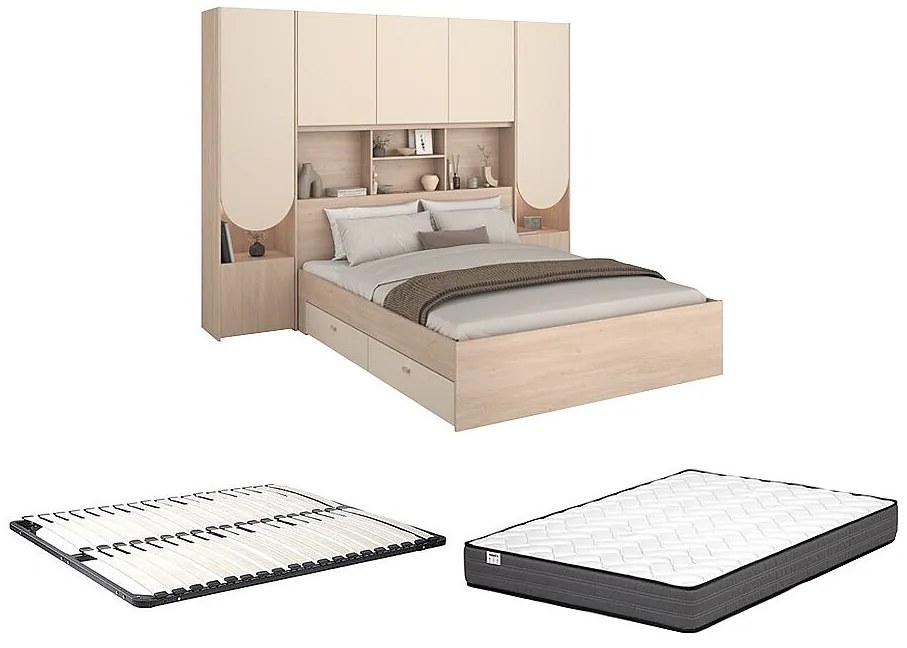 Łóżko z antresolą 140 x 190 cm ze schowkiem - Z oświetleniem LED - Kolor: Beżowy i naturalny + Stelaż + Materac - DOMELITO