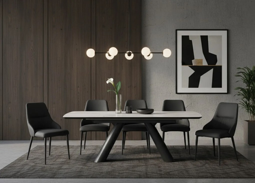 Eleganckie czarne krzesło Monolit tapicerowane ekoskórą PU, wygodne, nowoczesne i idealne do jadalni lub biura. Smukłe metalowe nogi dodają mu lekkości i stylu.