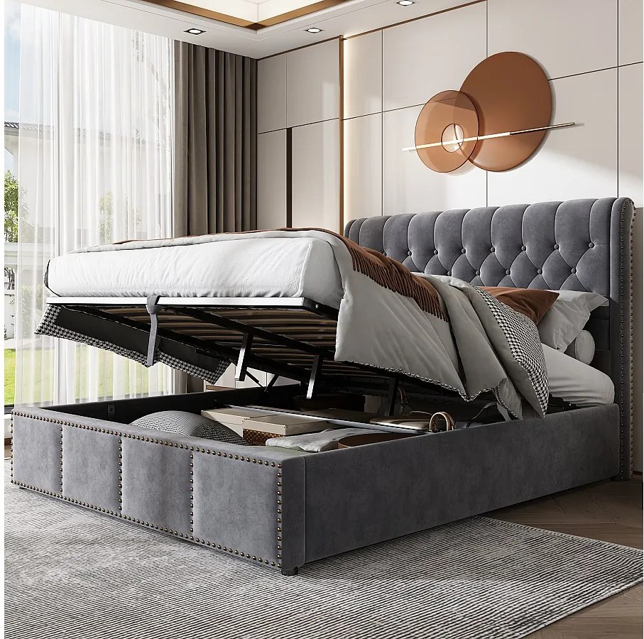 Łóżko tapicerowane z hydraulicznym schowkiem - 140 x 190 cm - z zagłówkiem - welur - szare