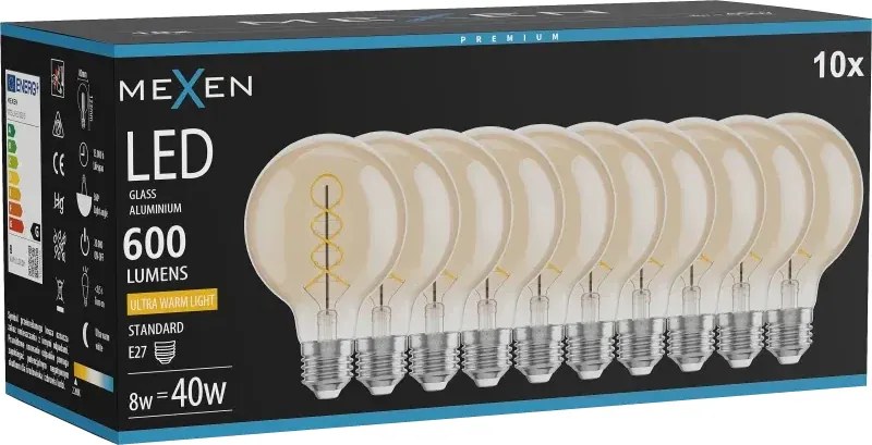 Mexen Vintis 10x żarówka filament spirala LED E27, G80, 8W, Ciepła - 2200K, 600 lm, amber - L165-E27-0822-50x10