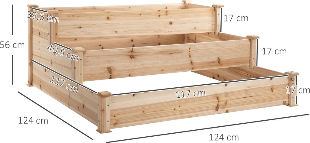 Outsunny Podwyższona Grządka Drewniana 3Poziomowa Rabata Ogrodowa 124x124x56cm Naturalne Drewno | Aosom PL