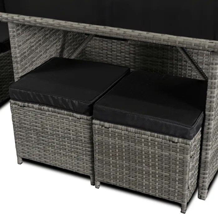 Zestaw Mebli Ogrodowych DALLAS Szary/Czarny Narożnik Pufy Stolik Tarasowy Technorattan Nowoczesny