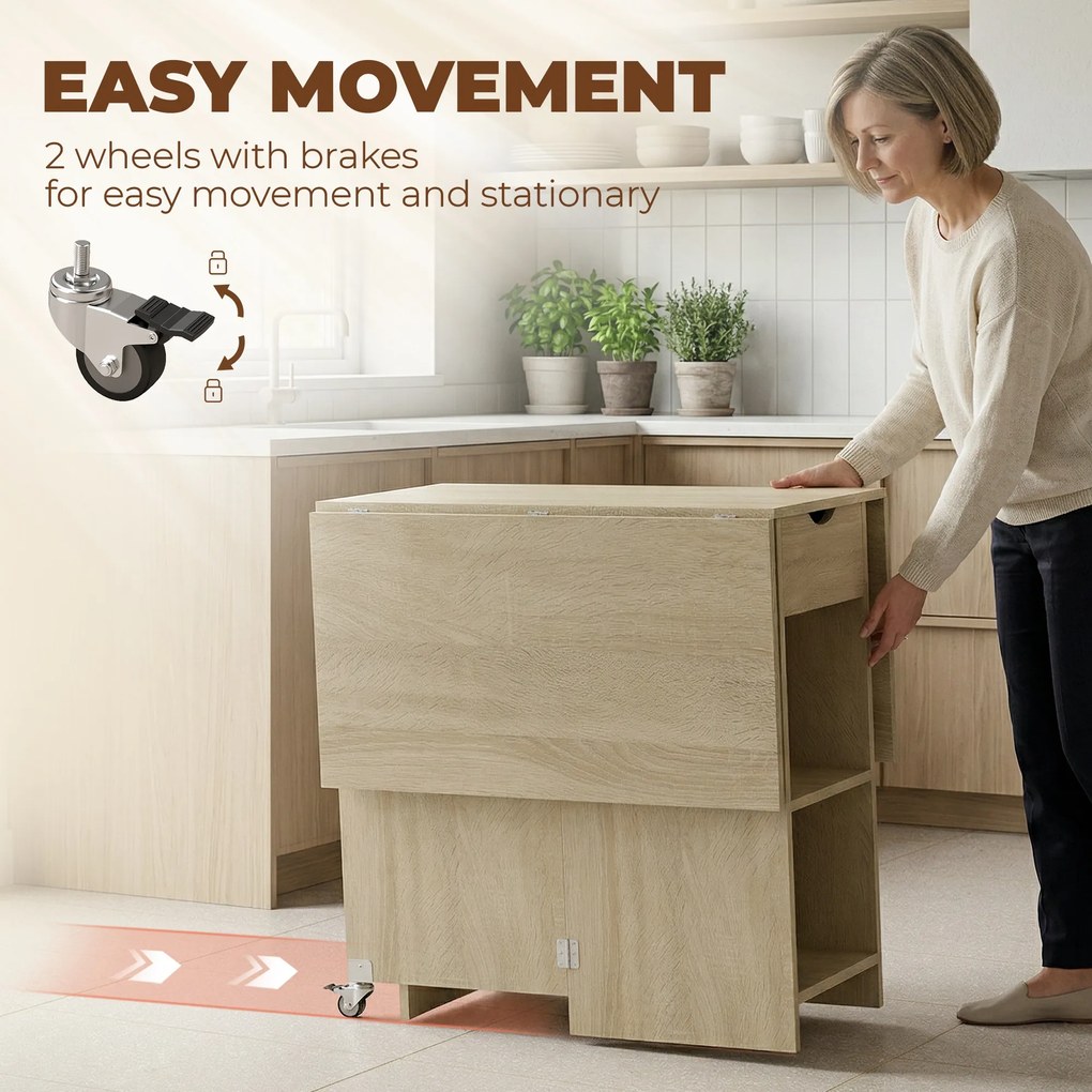 HOMCOM Rozkładany stół jadalniany dla 2–4 osób, stół na kółkach z otwartą półką i szufladą, idealny do małych przestrzeni, naturalny | Aosom PL