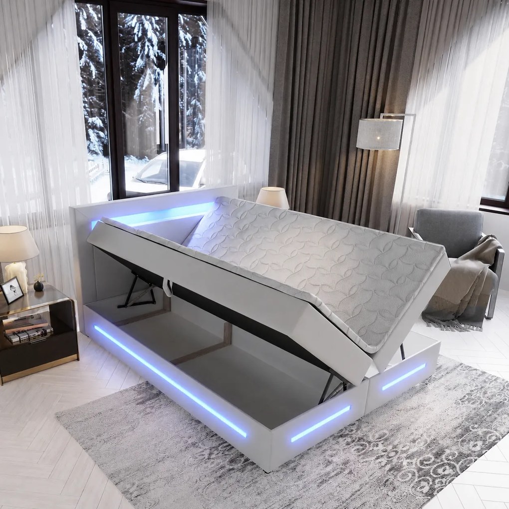 Masseno Łóżko kontynentalne MANU 140x200 cm LED z pojemnikiem na pościel - Szary, MADRYT 990