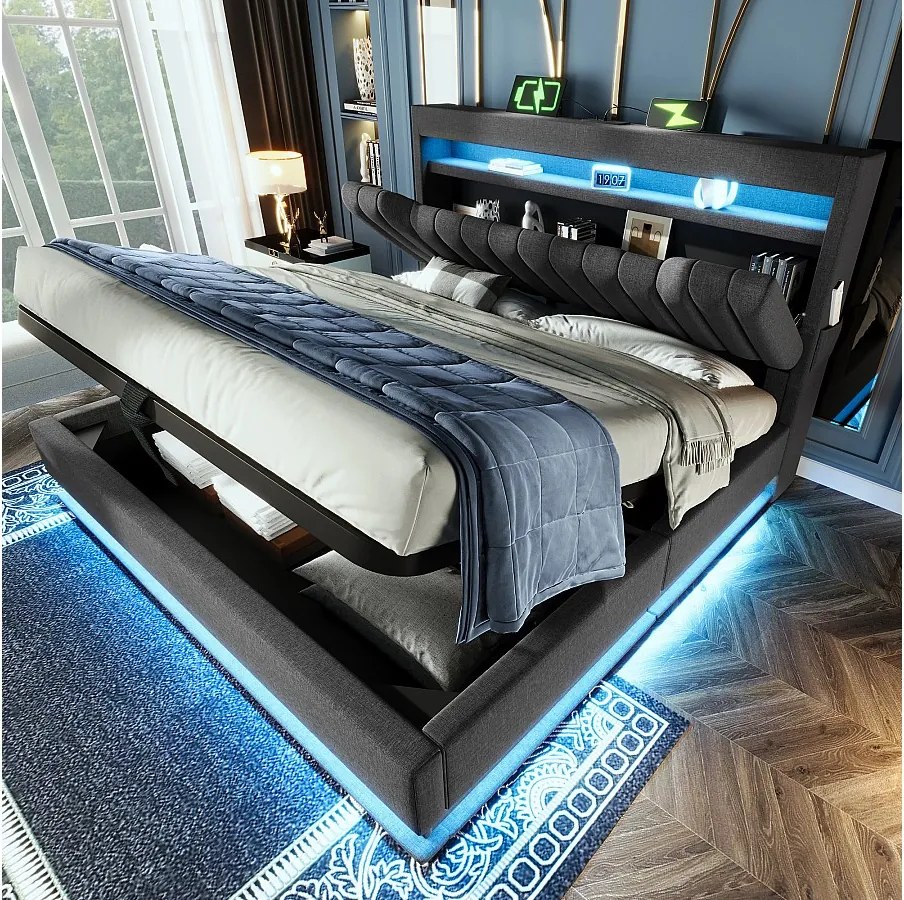 Łóżko tapicerowane podwójne ze schowkiem - 160 x 200 cm - z zagłówkiem + USB + LED + schowek hydrauliczny - len - szary