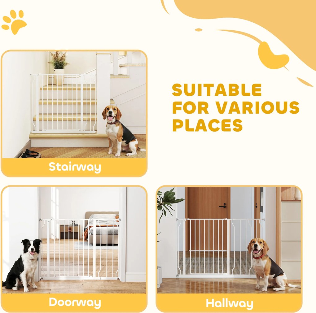 PawHut Bramka Ochronna dla Psów, Montaż na Zacisk, Regulowana Długość, Stal/ABS, 75-115 x 76cm, Biała