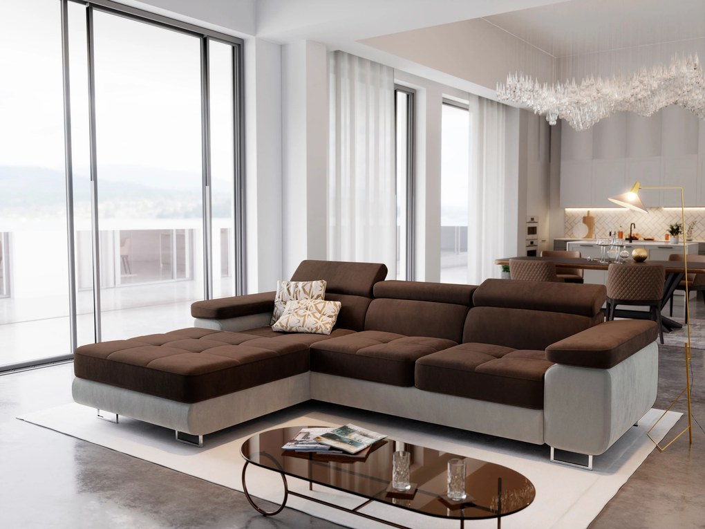 Masseno Narożnik ELMA z funkcją spania i pojemnikiem na pościel, Rozkładana sofa - Brązowy, MONOLITH 29 + MONOLITH 09